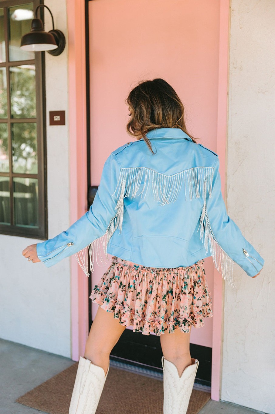 Outerwear BuddyLove Clothing Label | Buddylove Rife Crystal Fringe Vegan Leather Jacket - Baby Blue