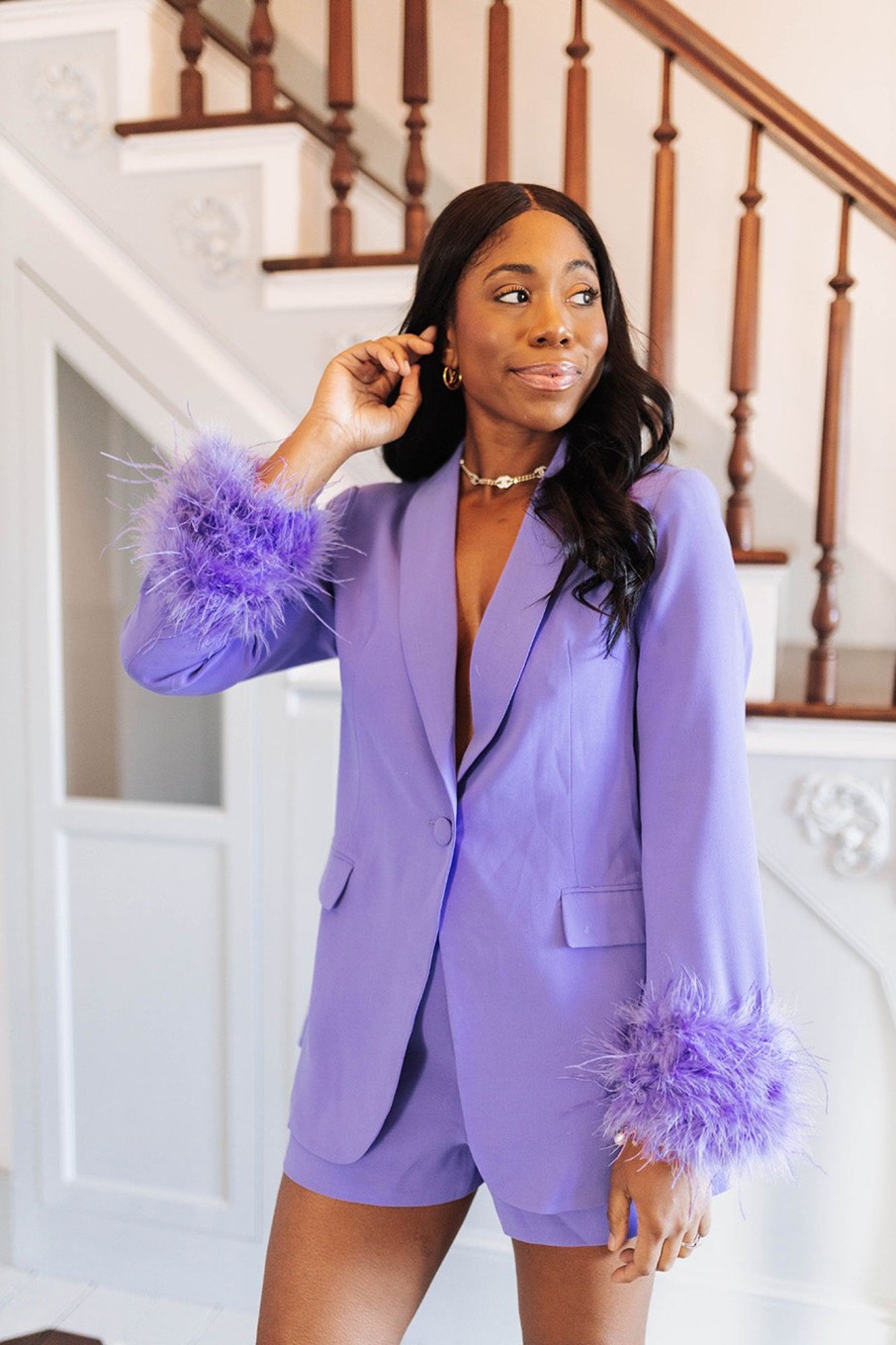 Blazers And Sets BuddyLove Clothing Label | Buddylove Elle Feather Trim Blazer - Purple