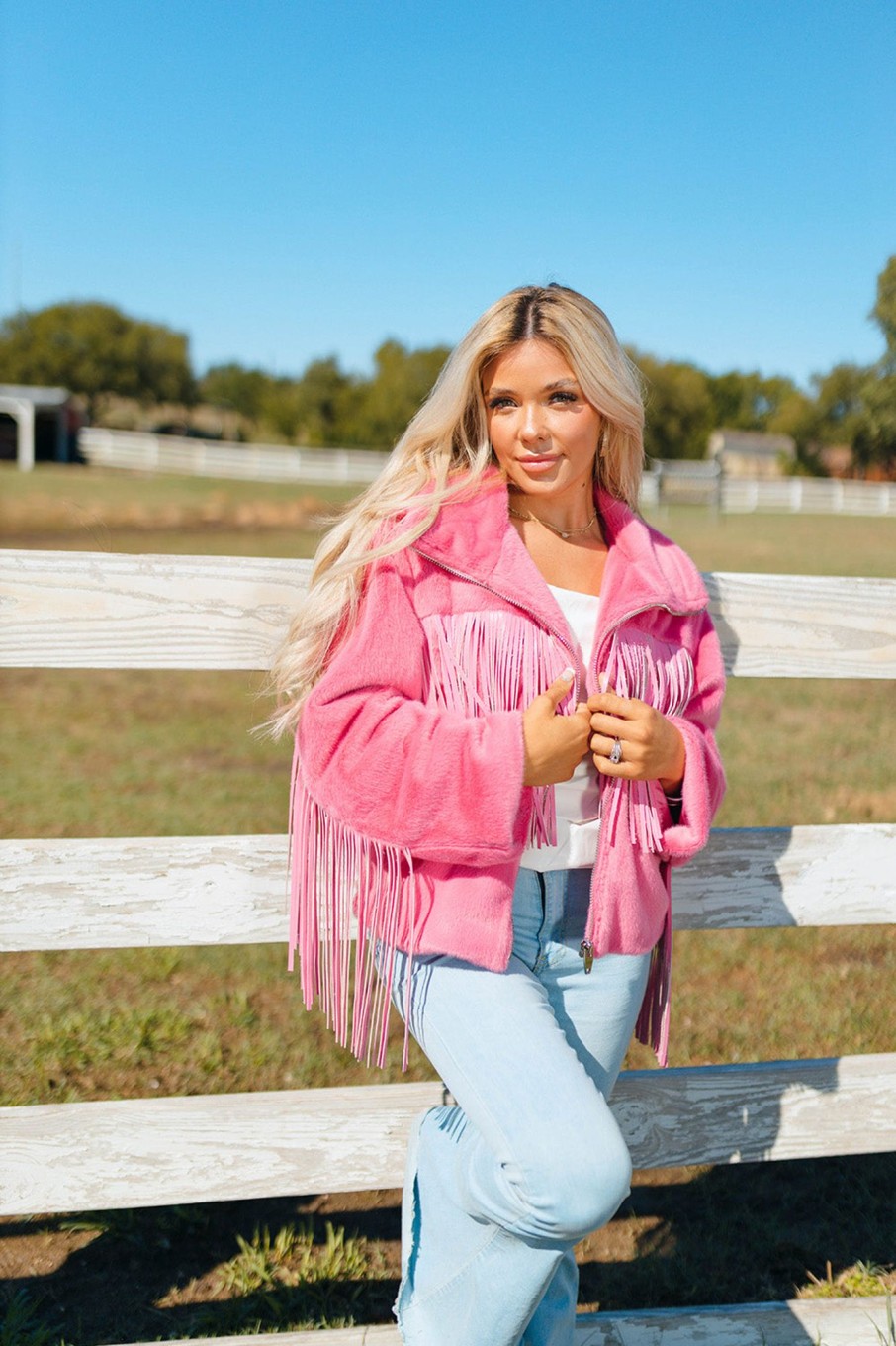 Outerwear BuddyLove Clothing Label | Buddylove Skylar Fringe Faux Fur Jacket - Hot Pink