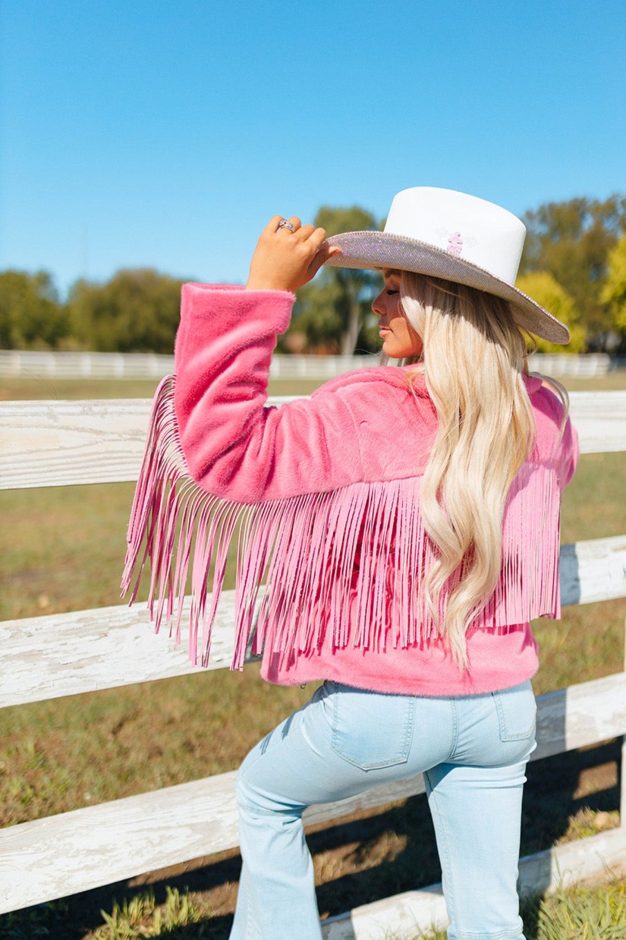 Outerwear BuddyLove Clothing Label | Buddylove Skylar Fringe Faux Fur Jacket - Hot Pink