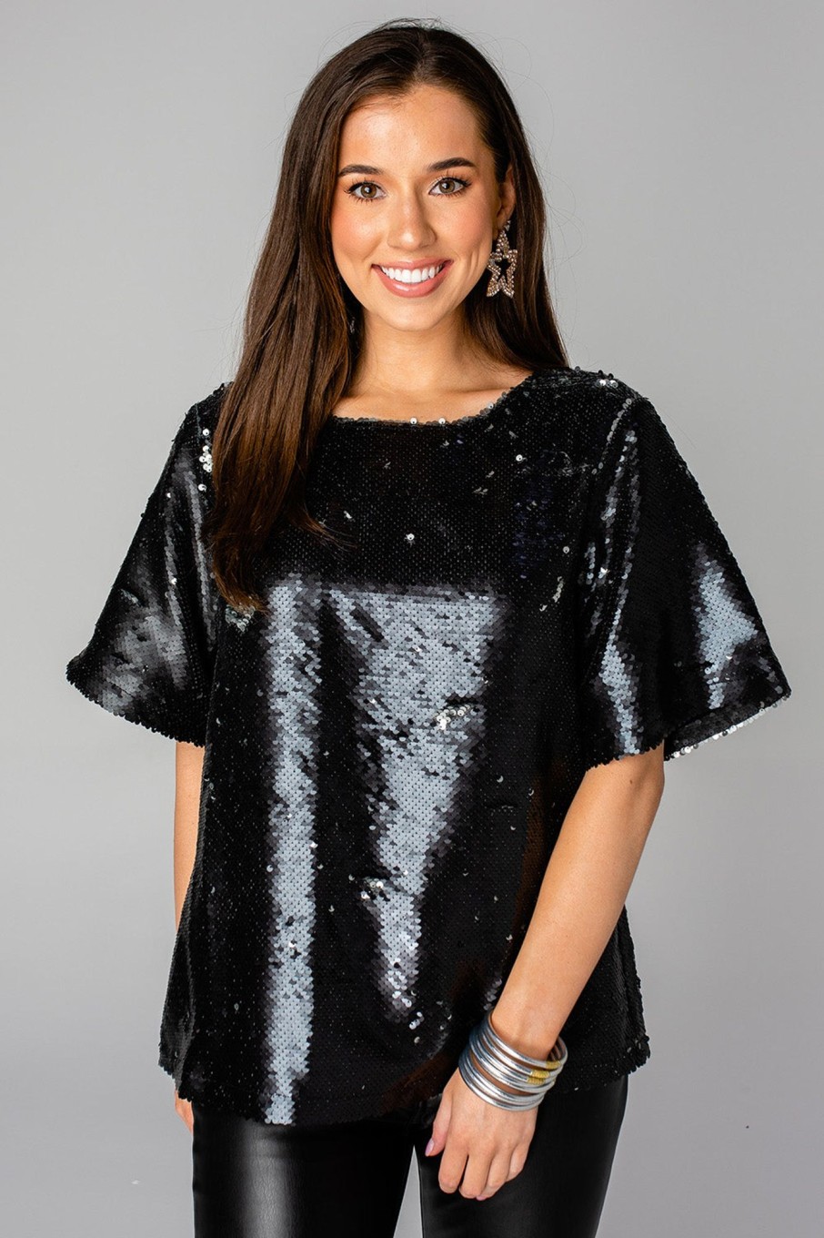 Tops BuddyLove Clothing Label | Buddylove Blanche Sequin Short Sleeve Top - Smoke