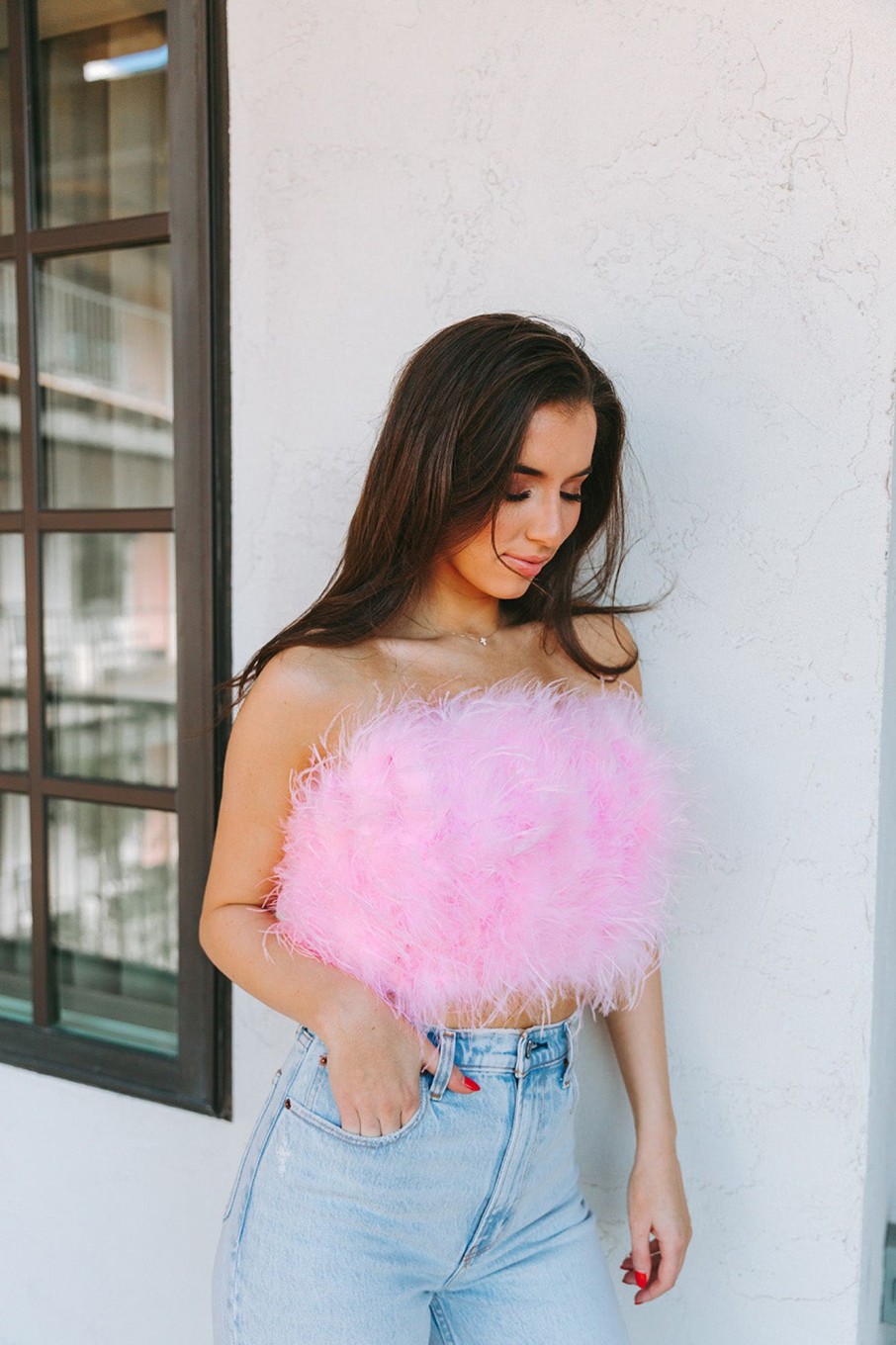 Tops BuddyLove Clothing Label | Buddylove Fancy Strapless Feather Crop Top - Baby Pink