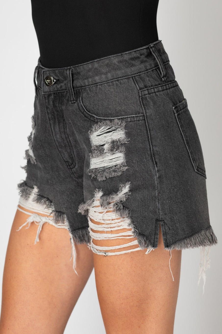 Bottoms BuddyLove Clothing Label | Buddylove Sheriff Distressed High-Waisted Denim Shorts - Grey