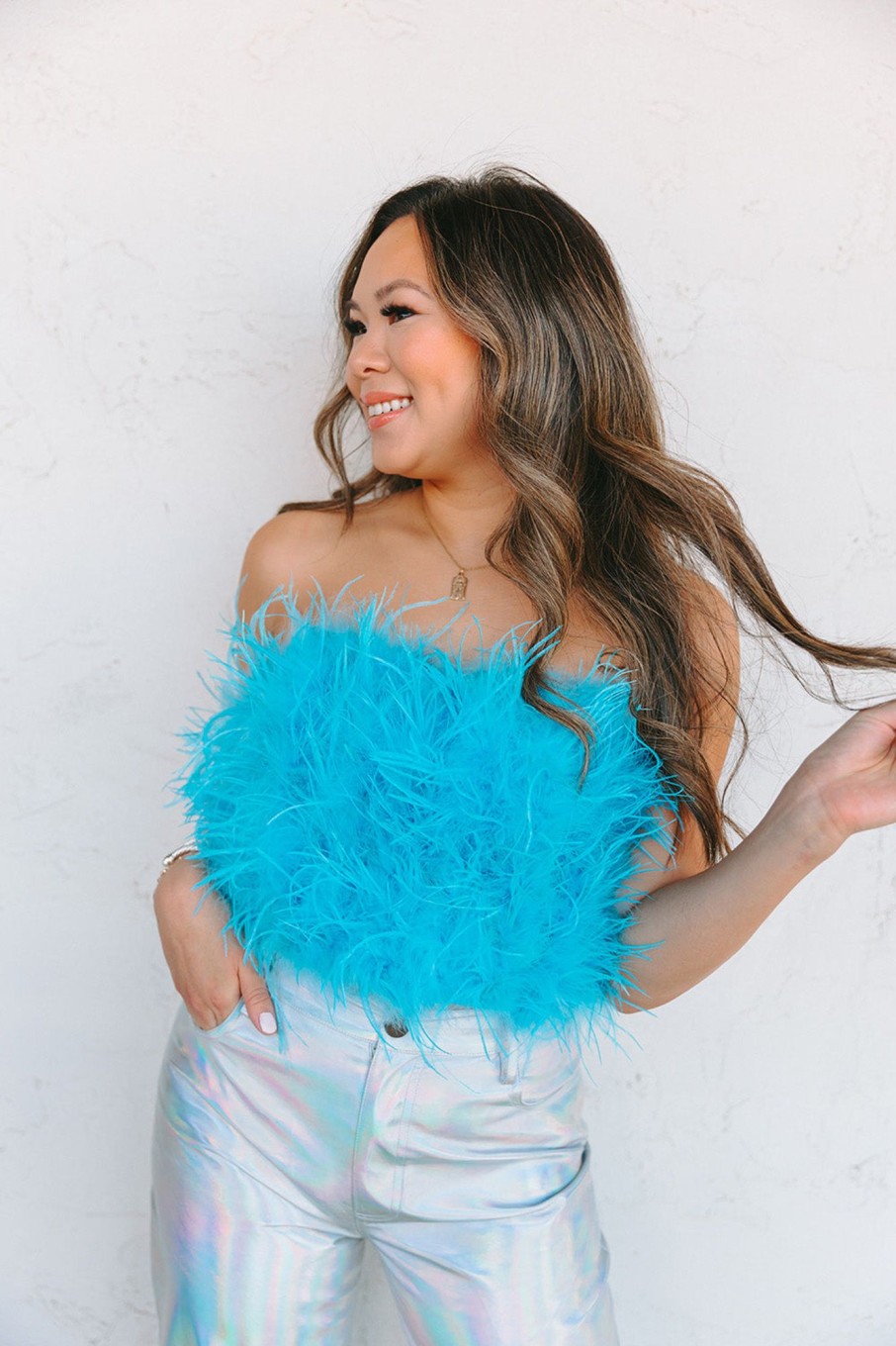 Tops BuddyLove Clothing Label | Buddylove Fancy Strapless Feather Crop Top - Azure Blue