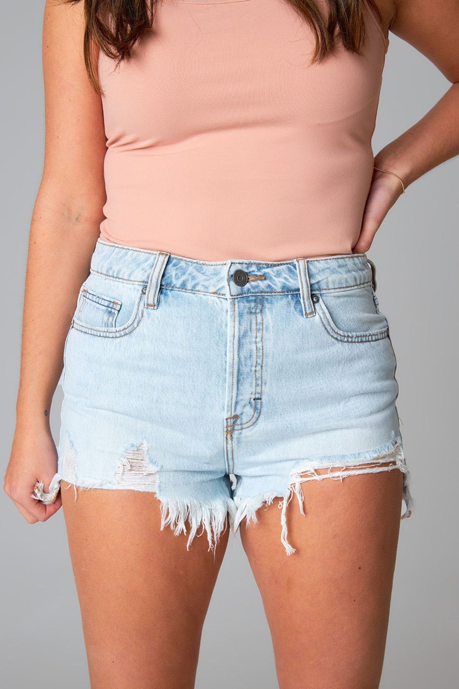 Bottoms Hidden | Sofie Front Step Hem Denim Shorts - Super Light Blue