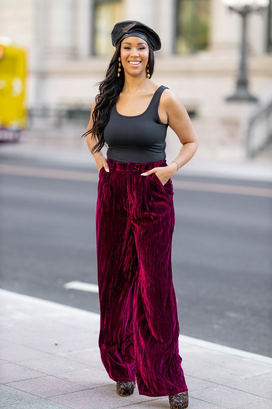 Blazers And Sets BuddyLove Clothing Label | Buddylove Sondra High-Waisted Velvet Pants - Cabernet