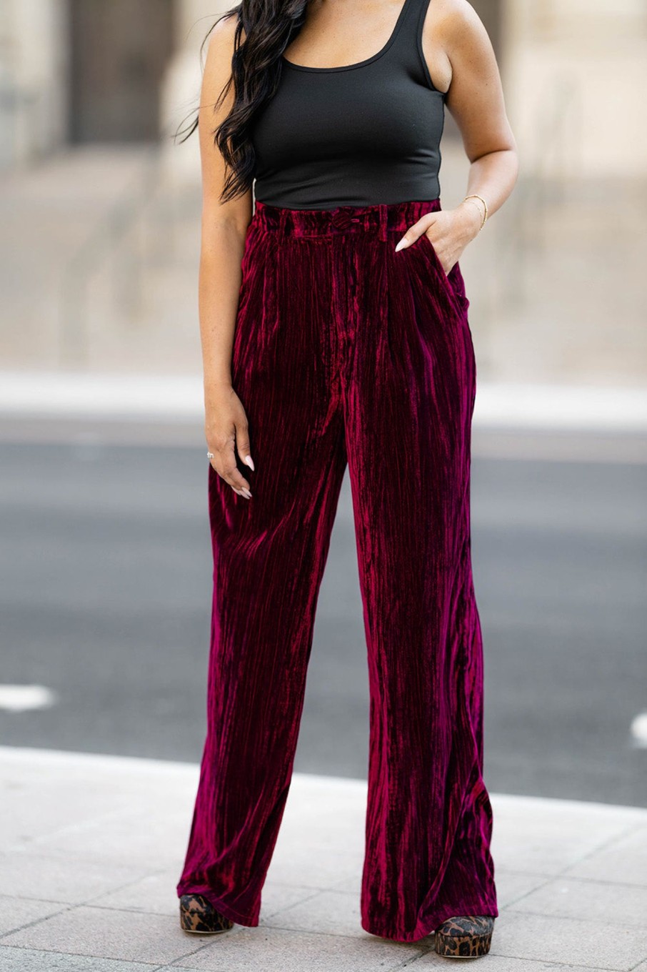 Blazers And Sets BuddyLove Clothing Label | Buddylove Sondra High-Waisted Velvet Pants - Cabernet