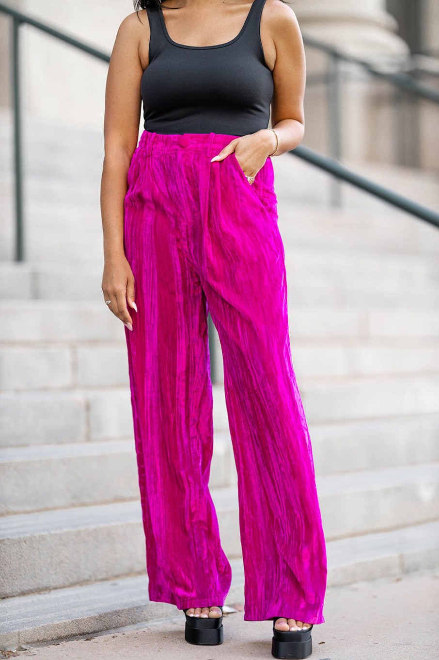 Bottoms BuddyLove Clothing Label | Buddylove Sondra High-Waisted Velvet Pants - Fuchsia