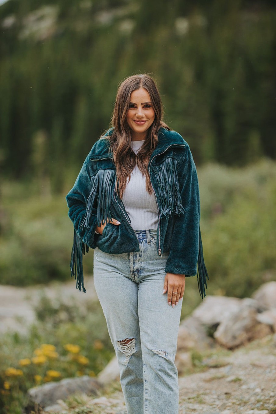 Outerwear BuddyLove Clothing Label | Buddylove Skylar Fringe Faux Fur Jacket - Jade