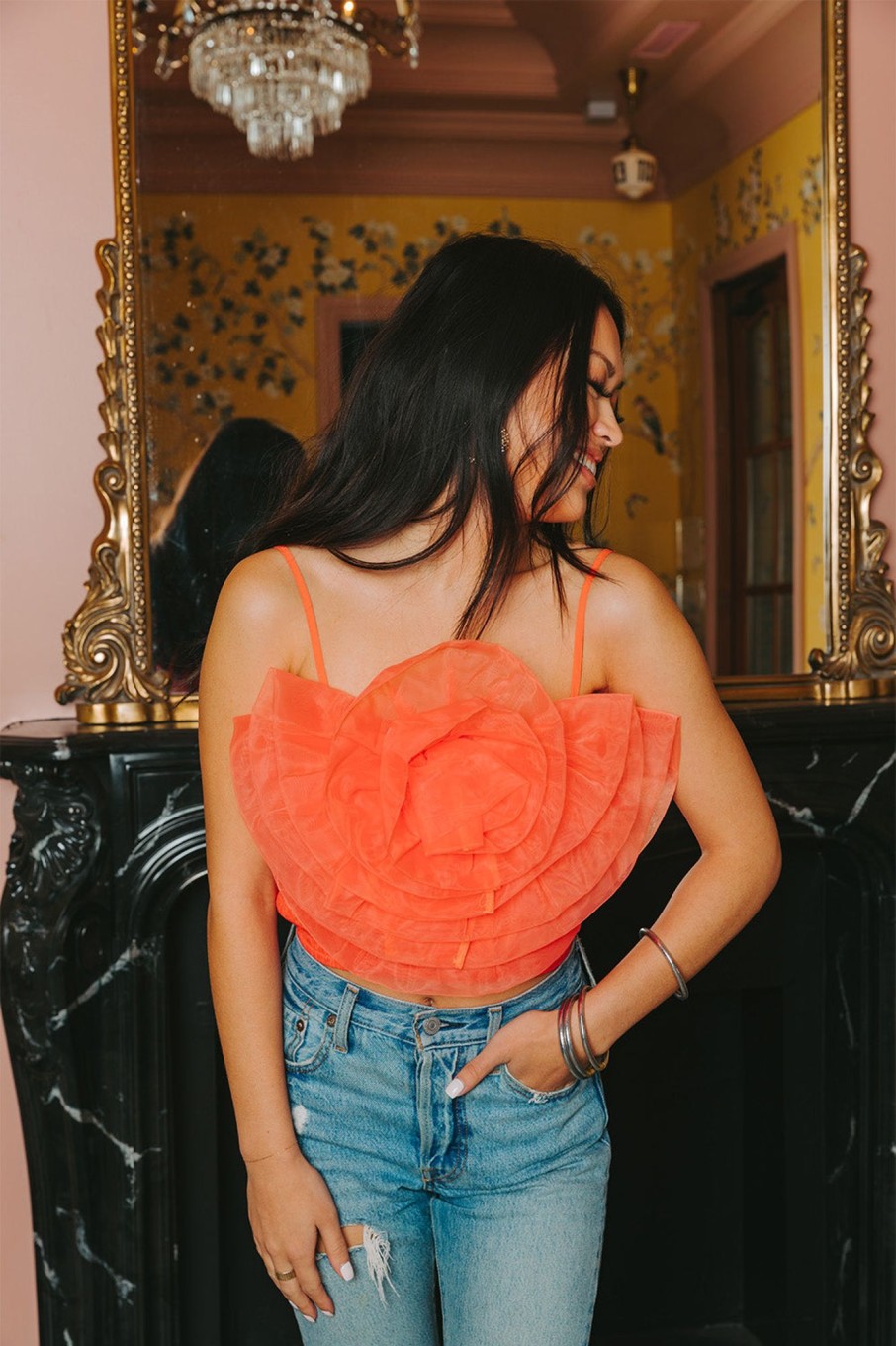 Tops BuddyLove Clothing Label | Buddylove Petal Flower Applique Tank Top - Tangerine