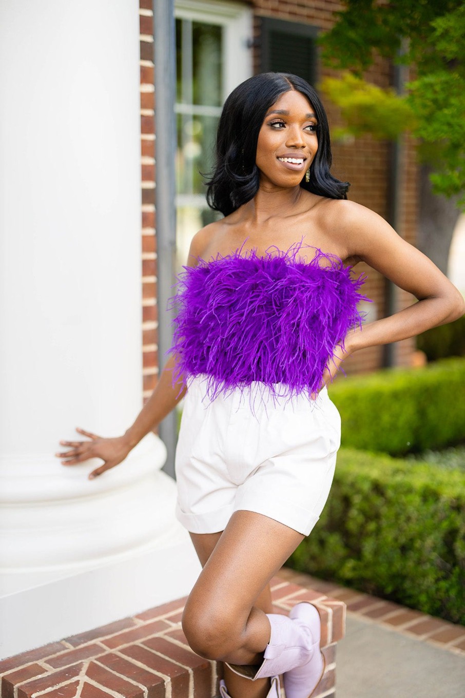 Tops BuddyLove Clothing Label | Buddylove Fancy Strapless Feather Crop Top - Purple