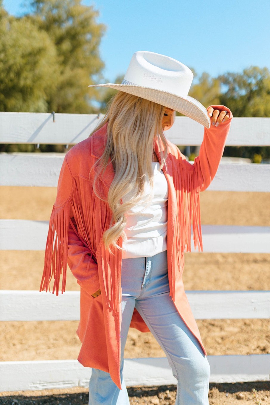 Tops BuddyLove Clothing Label | Buddylove Dutton Fringe Suede Jacket - Coral