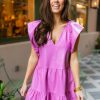 Dresses BuddyLove Clothing Label | Buddylove Ronnie Ruffle Sleeve Short Dress - Magenta