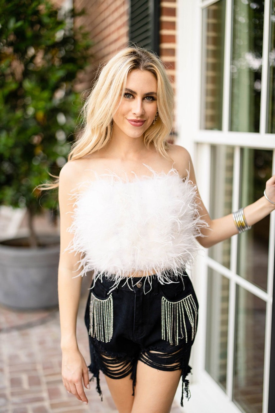 Tops BuddyLove Clothing Label | Buddylove Fancy Strapless Feather Crop Top - White