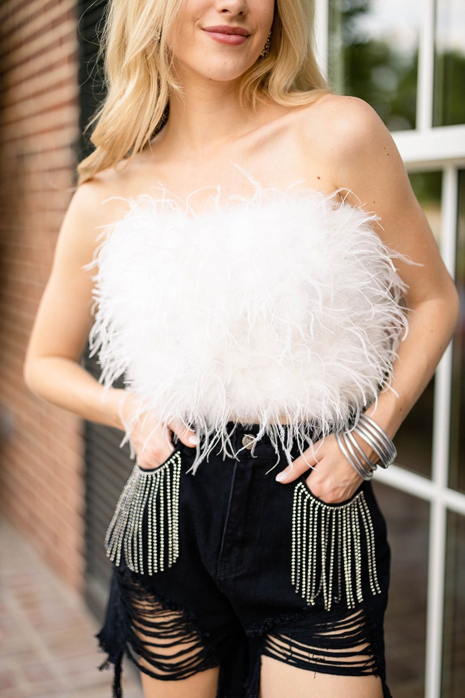 Tops BuddyLove Clothing Label | Buddylove Fancy Strapless Feather Crop Top - White