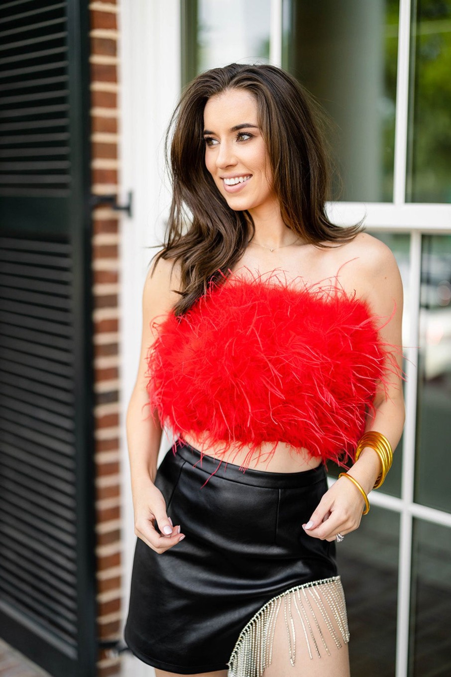 Tops BuddyLove Clothing Label | Buddylove Fancy Strapless Feather Crop Top - Crimson