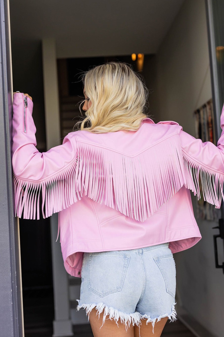 Outerwear BuddyLove Clothing Label | Buddylove Francesca Fringe Vegan Leather Jacket - Gumdrop