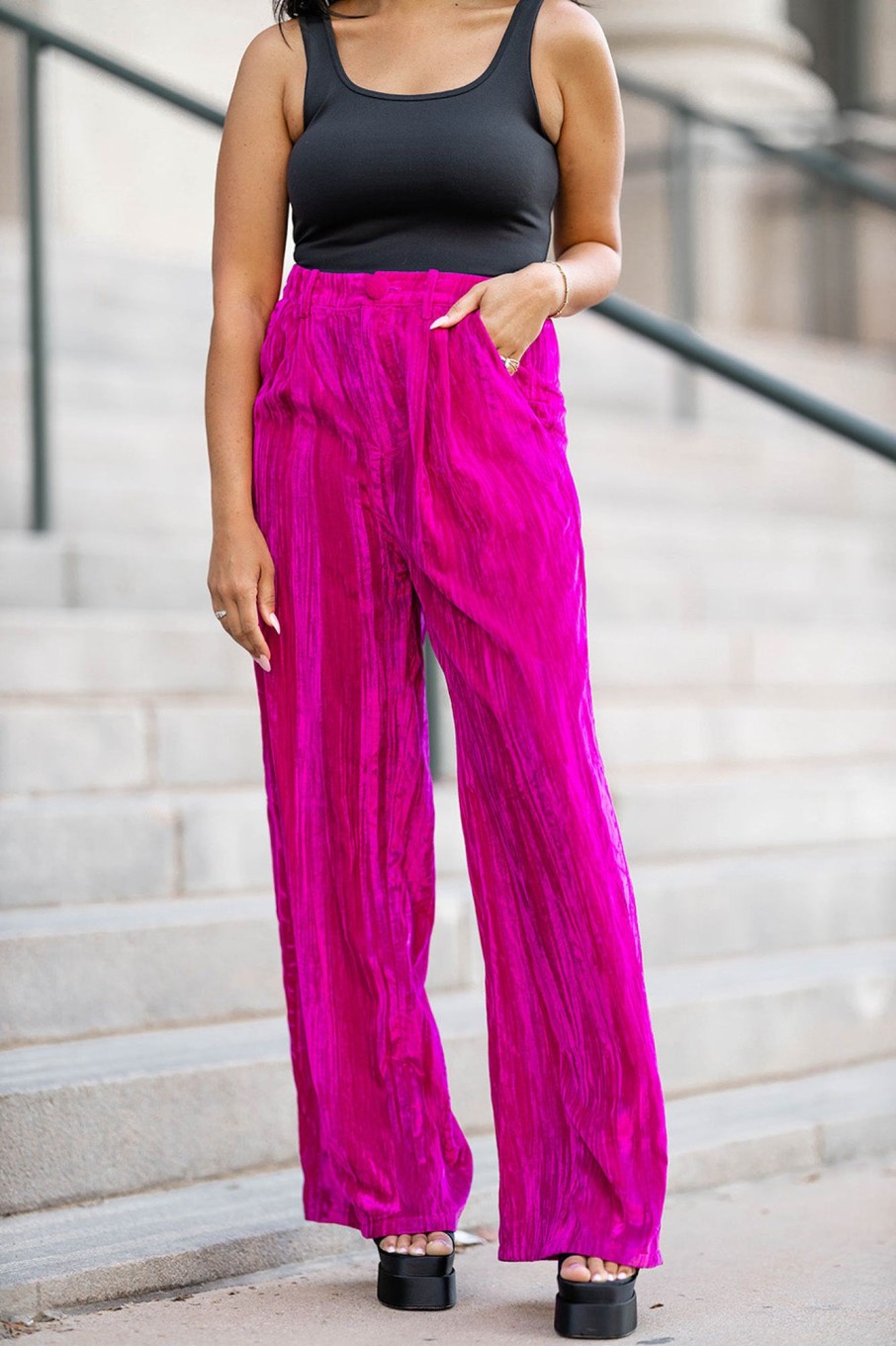 Blazers And Sets BuddyLove Clothing Label | Buddylove Sondra High-Waisted Velvet Pants - Fuchsia