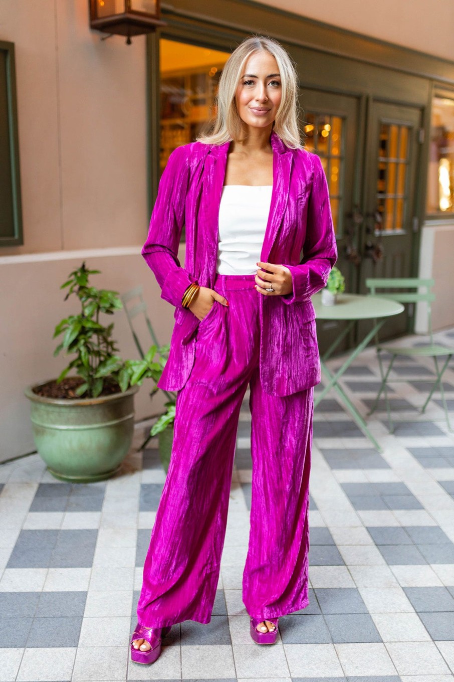 Blazers And Sets BuddyLove Clothing Label | Buddylove Sondra High-Waisted Velvet Pants - Fuchsia